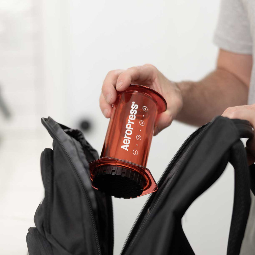 Red version of the 10 oz AeroPress Clear Coffee Maker