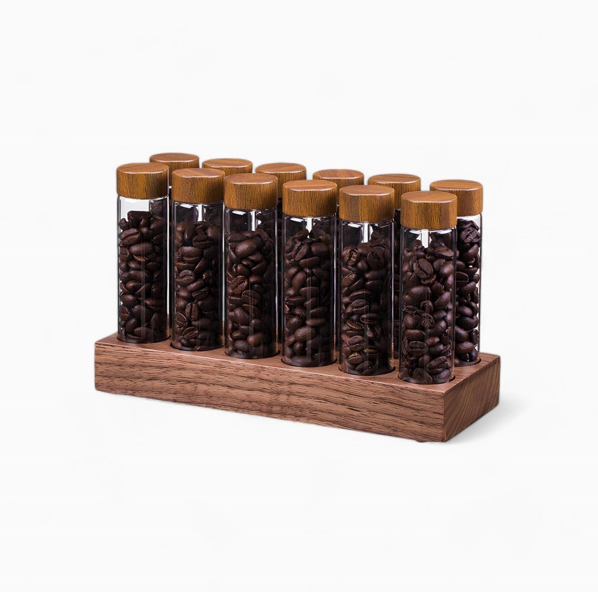 Coffee Bean Storage Tubes With Walnut Wood Base - Shop Coffee Hobby