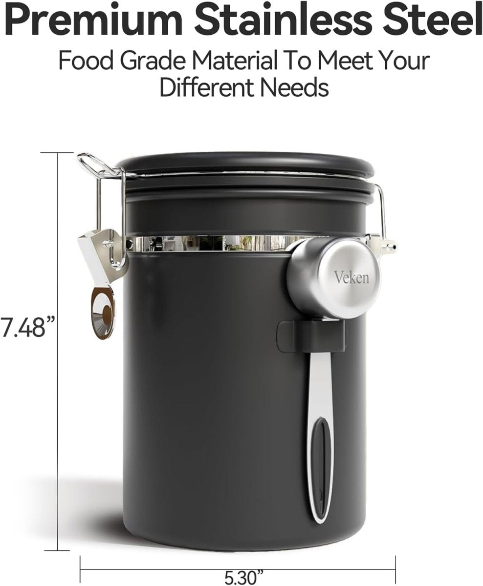 Coffee Canister with Window,Airtight Stainless Steel Pantry Container,Kitchen Food Storage Organizers for Beans,Ground,Espresso,Rice,Tea,Sugar, Cereal, Bar Accessories,Gifts,Lids,Jars,22Oz,Black - Shop Coffee Hobby