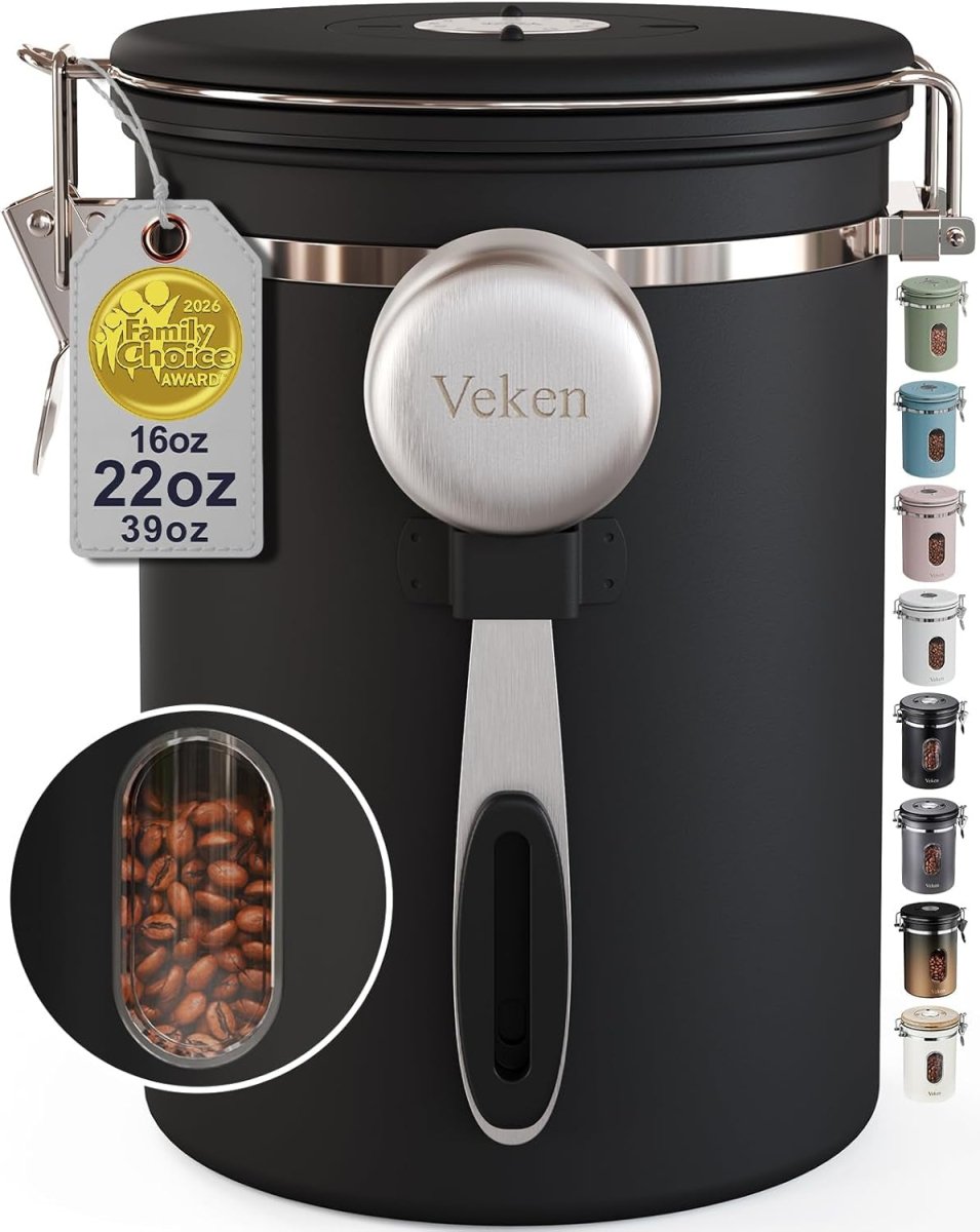 Coffee Canister with Window,Airtight Stainless Steel Pantry Container,Kitchen Food Storage Organizers for Beans,Ground,Espresso,Rice,Tea,Sugar, Cereal, Bar Accessories,Gifts,Lids,Jars,22Oz,Black - Shop Coffee Hobby
