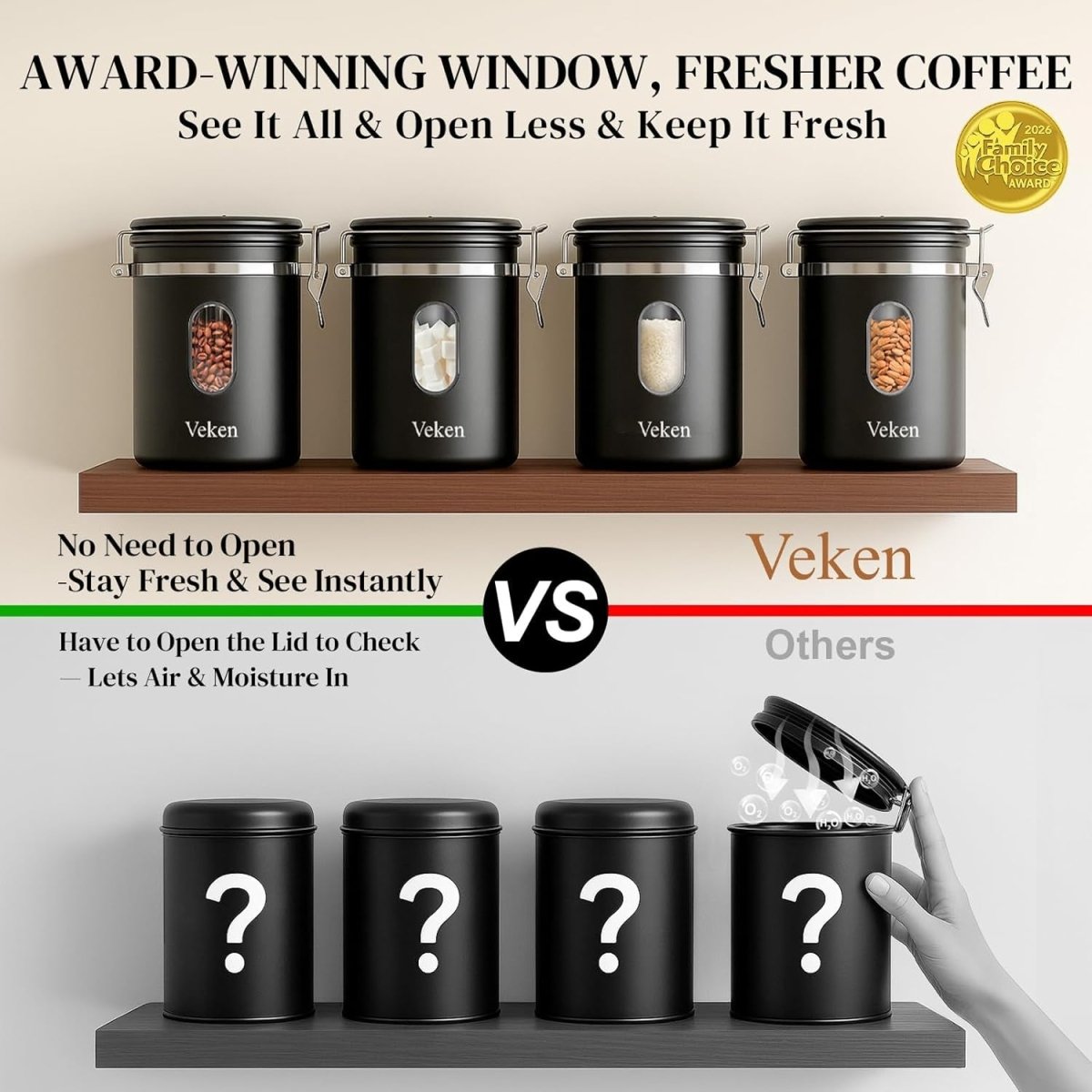 Coffee Canister with Window,Airtight Stainless Steel Pantry Container,Kitchen Food Storage Organizers for Beans,Ground,Espresso,Rice,Tea,Sugar, Cereal, Bar Accessories,Gifts,Lids,Jars,22Oz,Black - Shop Coffee Hobby