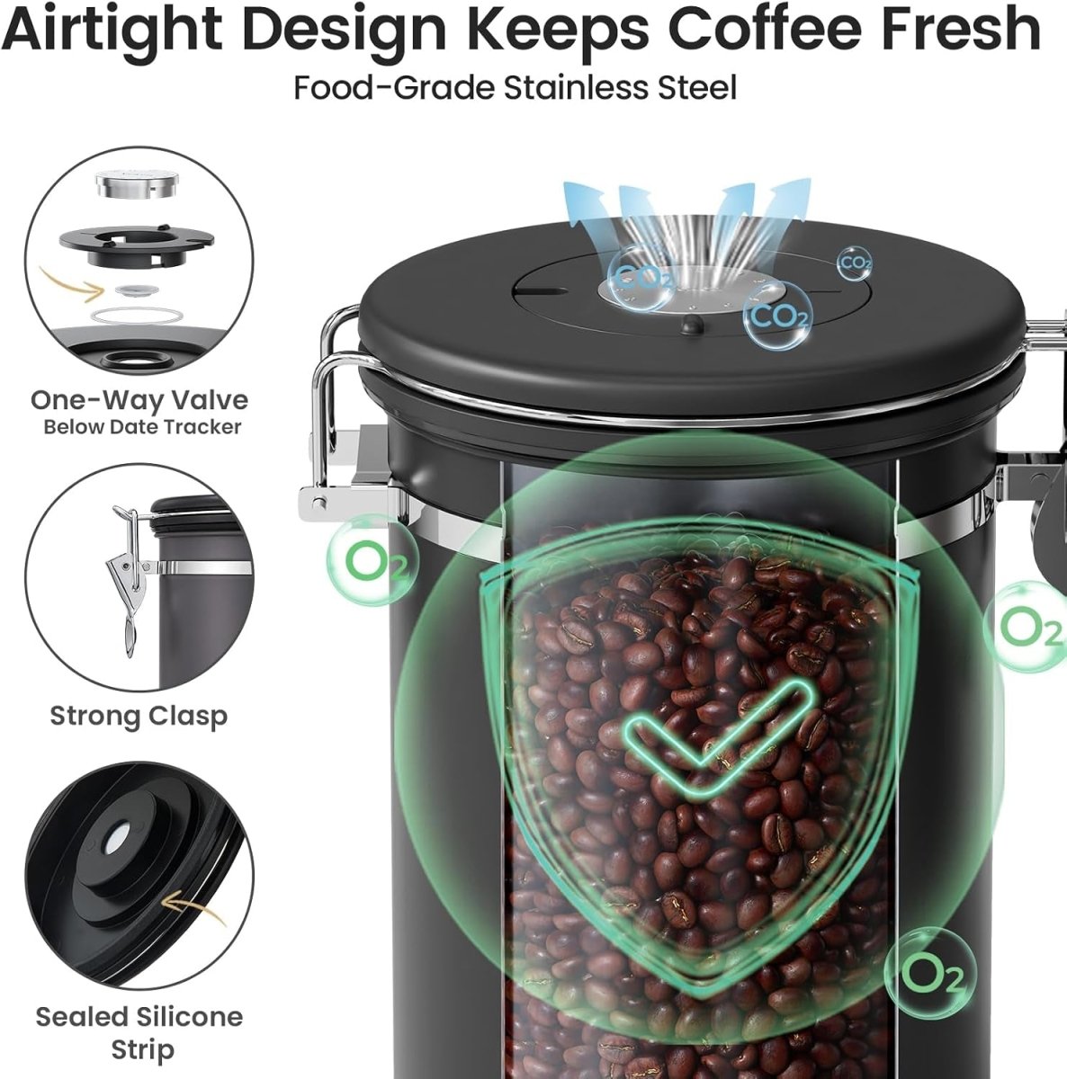 Coffee Canister with Window,Airtight Stainless Steel Pantry Container,Kitchen Food Storage Organizers for Beans,Ground,Espresso,Rice,Tea,Sugar, Cereal, Bar Accessories,Gifts,Lids,Jars,22Oz,Black - Shop Coffee Hobby