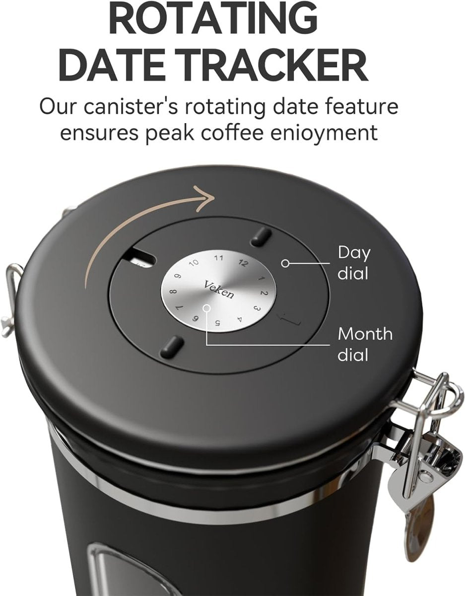 Coffee Canister with Window,Airtight Stainless Steel Pantry Container,Kitchen Food Storage Organizers for Beans,Ground,Espresso,Rice,Tea,Sugar, Cereal, Bar Accessories,Gifts,Lids,Jars,22Oz,Black - Shop Coffee Hobby