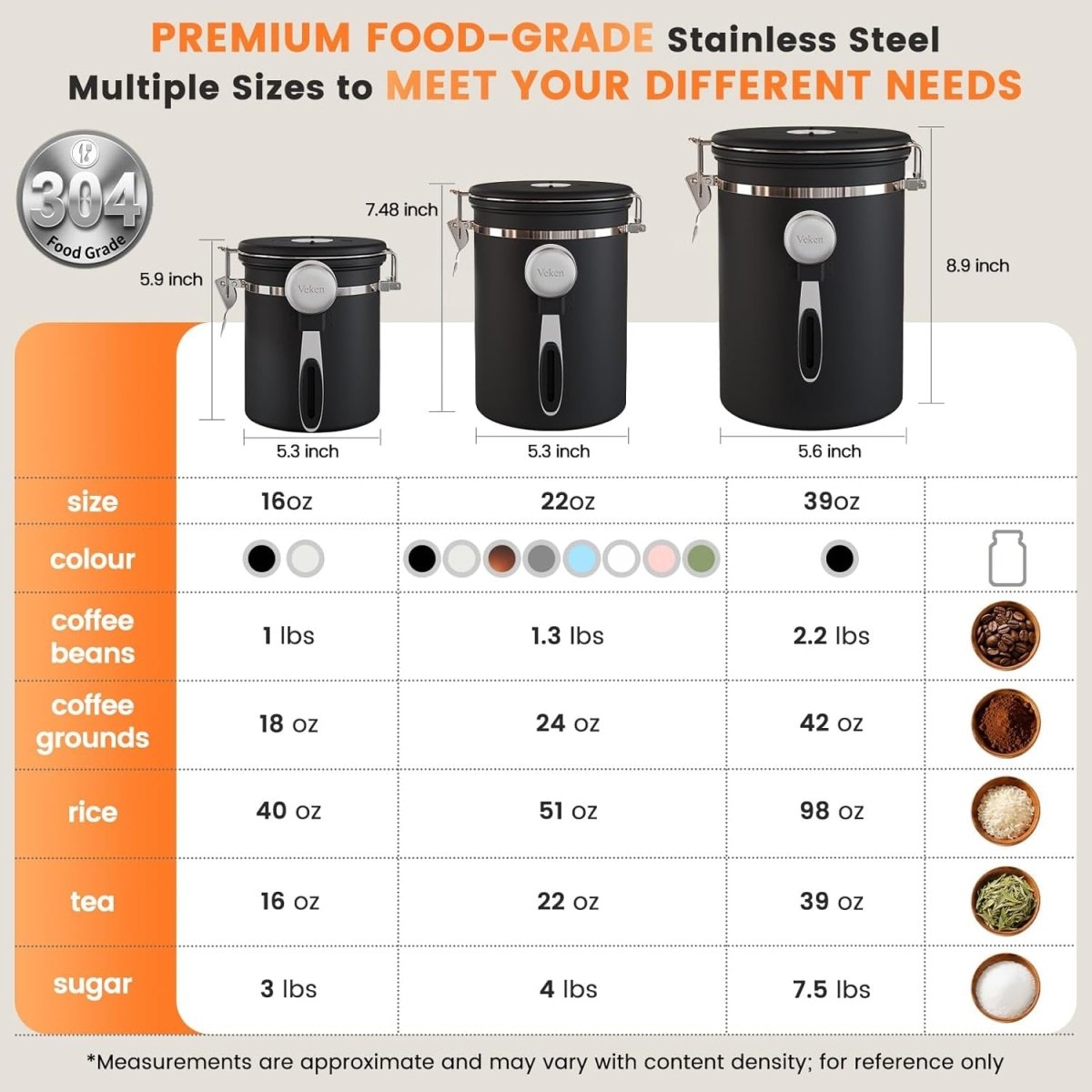 Coffee Canister with Window,Airtight Stainless Steel Pantry Container,Kitchen Food Storage Organizers for Beans,Ground,Espresso,Rice,Tea,Sugar, Cereal, Bar Accessories,Gifts,Lids,Jars,22Oz,Black - Shop Coffee Hobby