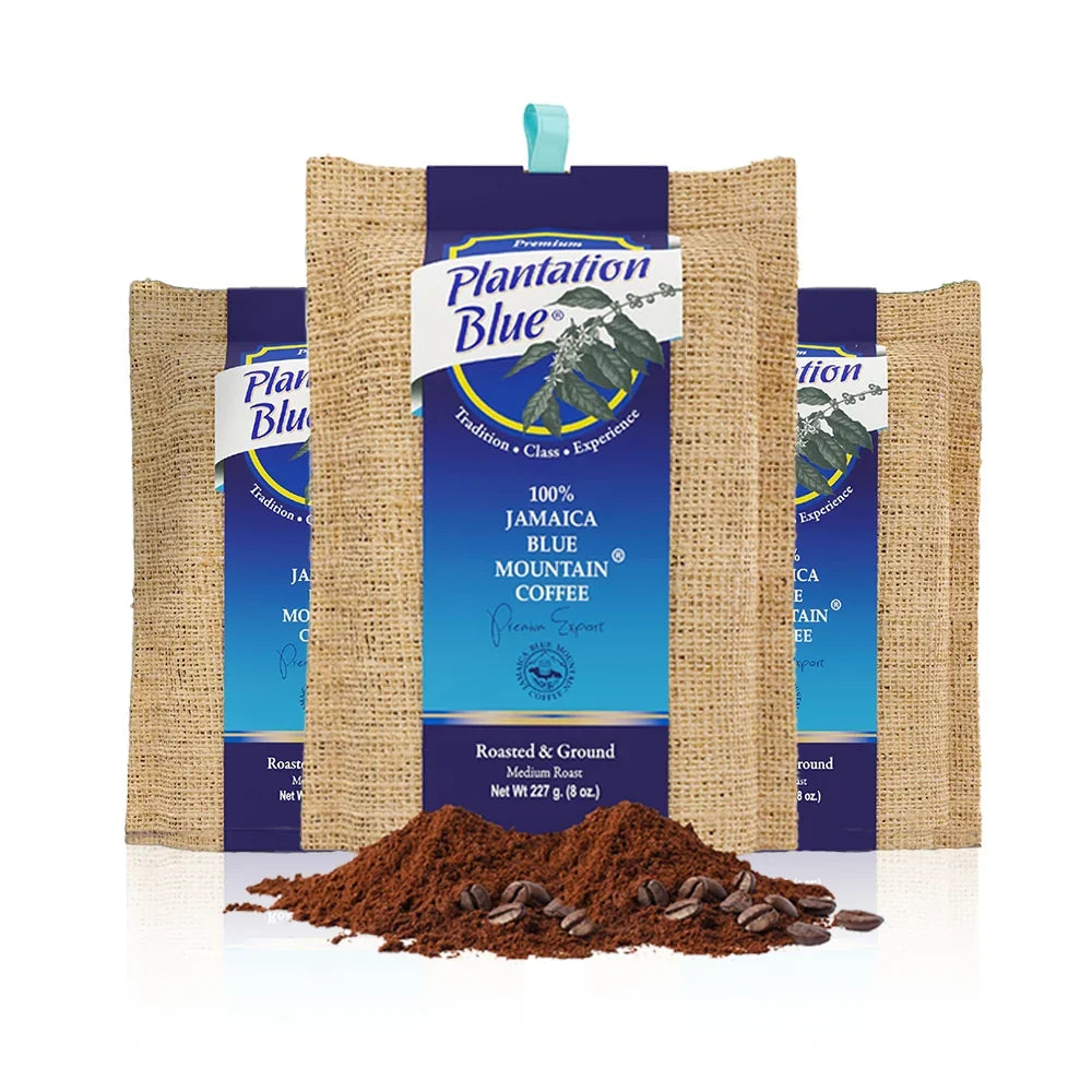 Medium roast 8oz ground 100% Jamaica Blue Mountain Coffee from Plantation Blue Coffee