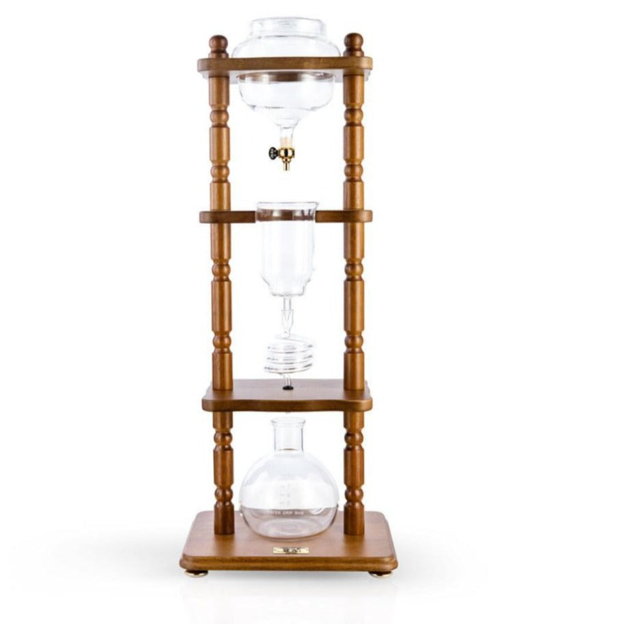 Espresso Parts Yama 32 oz Cold Brew Tower with Curved Brown Wood Frame.