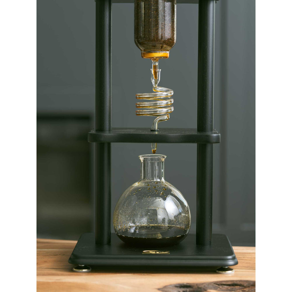 Black Straight Frame Yama Glass Cold Brew Tower for 6–8 cup (32 oz) espresso machines.