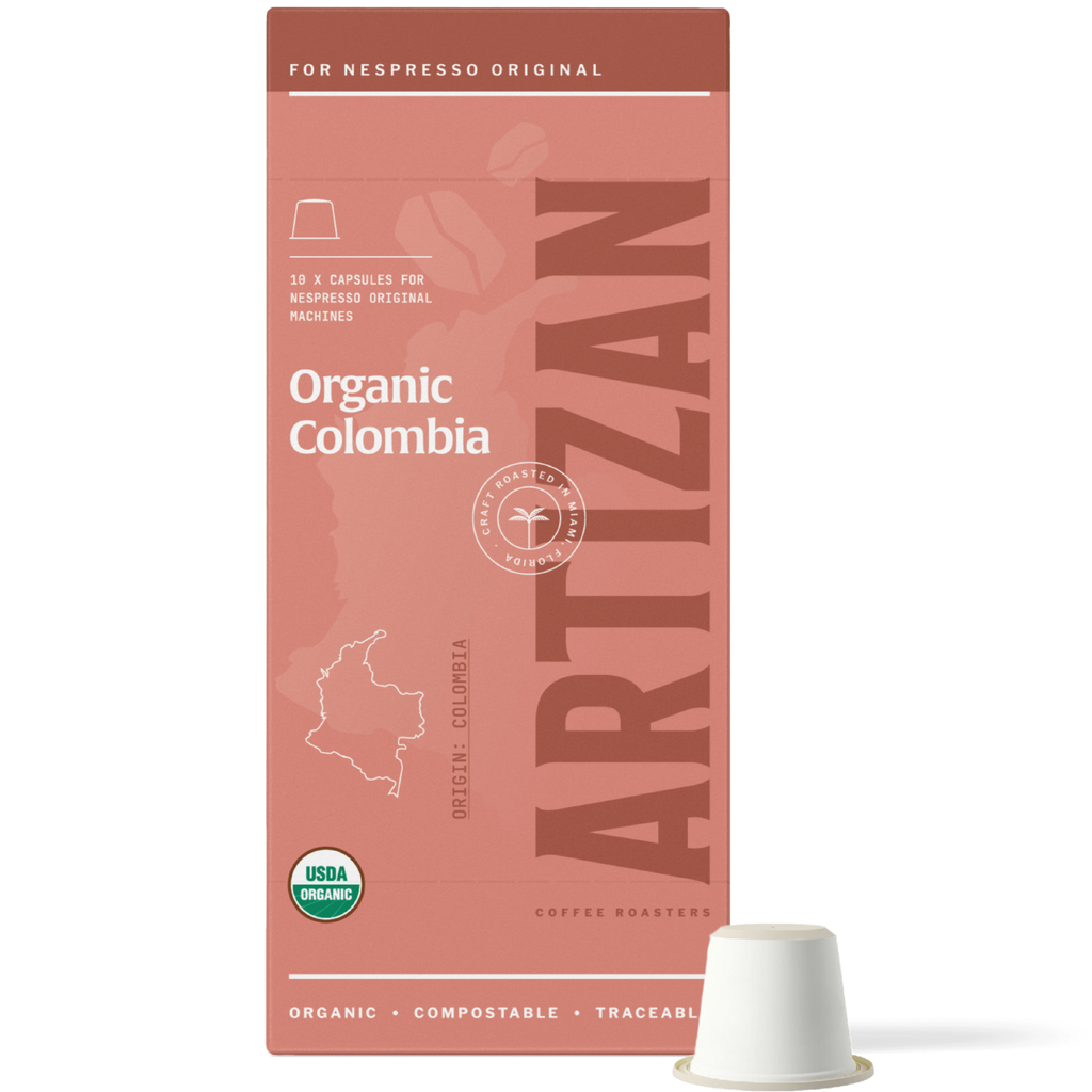 Artizan Coffee Roasters Organic Colombia Espresso, Nespresso compatible pod.