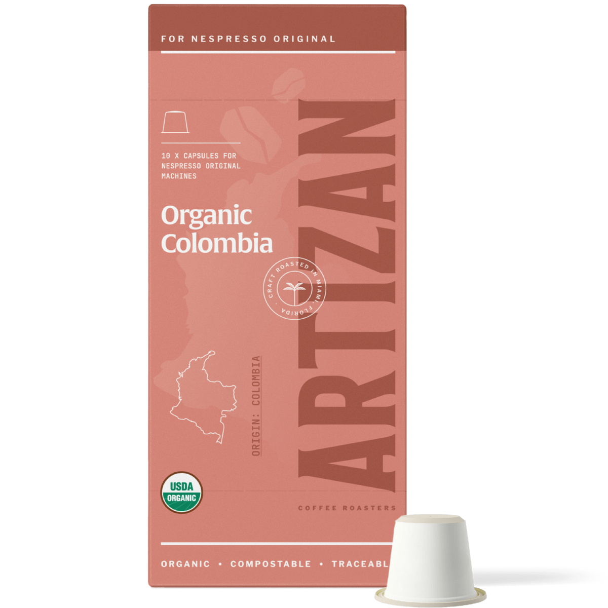 Artizan Coffee Roasters Organic Colombia Espresso, Nespresso compatible pod.