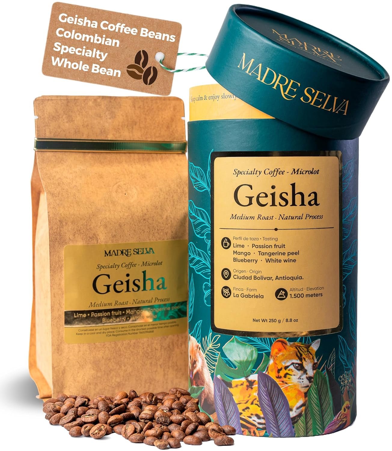 Colombian Geisha Coffee Whole Bean Medium Roast Arabica Gourmet Fresh Single Origin Premium Low Acid Exotic Notes Rich Aroma Smooth Flavor Quality High Altitude Giftable Pack Freshness Lock 8.8Oz 250G - Haynesworld General Goods