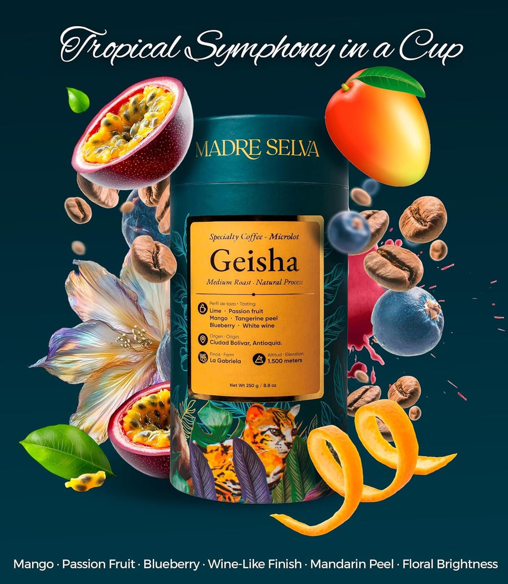 Colombian Geisha Coffee Whole Bean Medium Roast Arabica Gourmet Fresh Single Origin Premium Low Acid Exotic Notes Rich Aroma Smooth Flavor Quality High Altitude Giftable Pack Freshness Lock 8.8Oz 250G - Haynesworld General Goods
