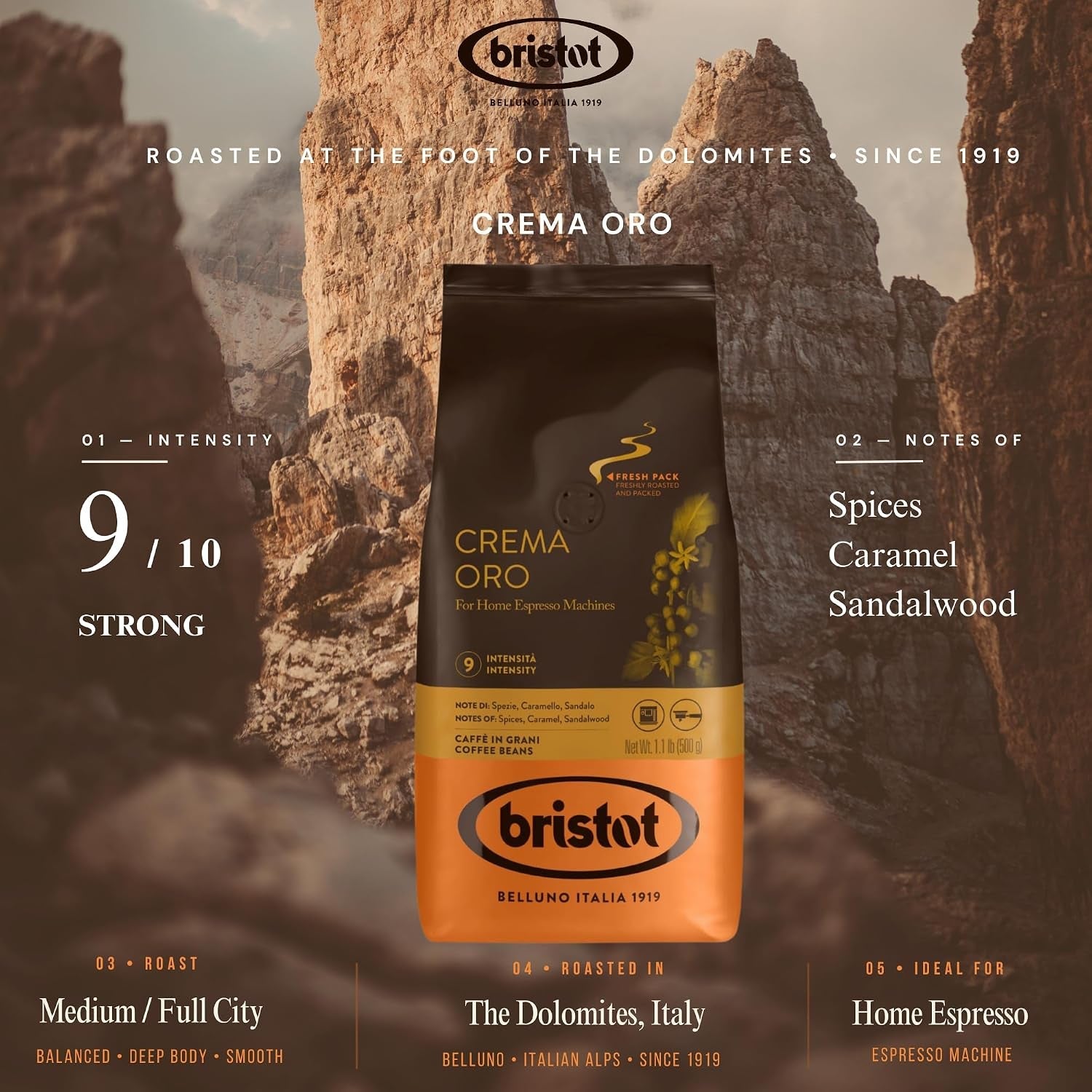 Crema Oro Italian Whole Espresso Beans – Medium Roast Coffee – Smooth & Aromatic with Notes of Spices, Caramel & Sandalwood – 1.1 Lb (500 G) - Haynesworld General Goods