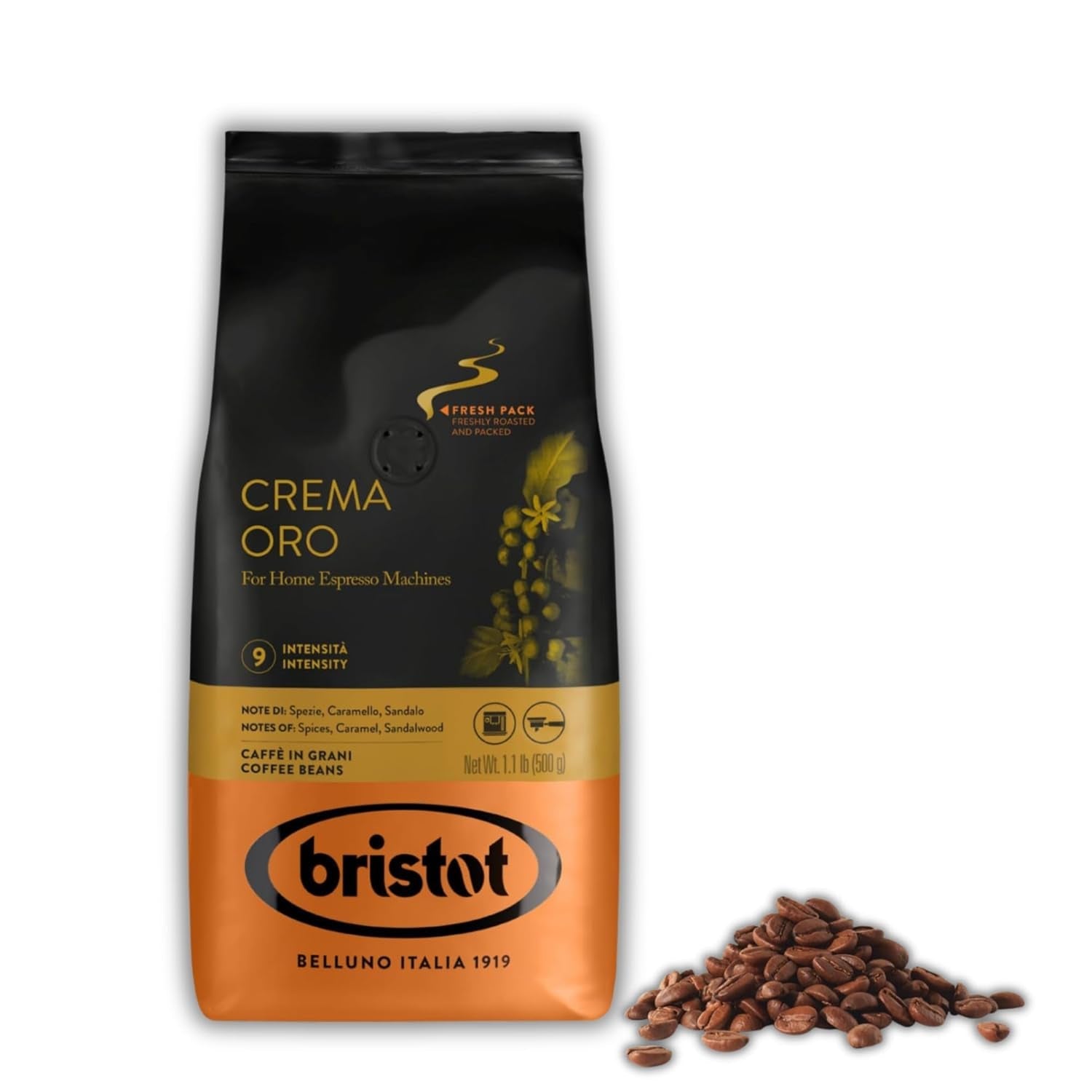 Crema Oro Italian Whole Espresso Beans – Medium Roast Coffee – Smooth & Aromatic with Notes of Spices, Caramel & Sandalwood – 1.1 Lb (500 G) - Haynesworld General Goods