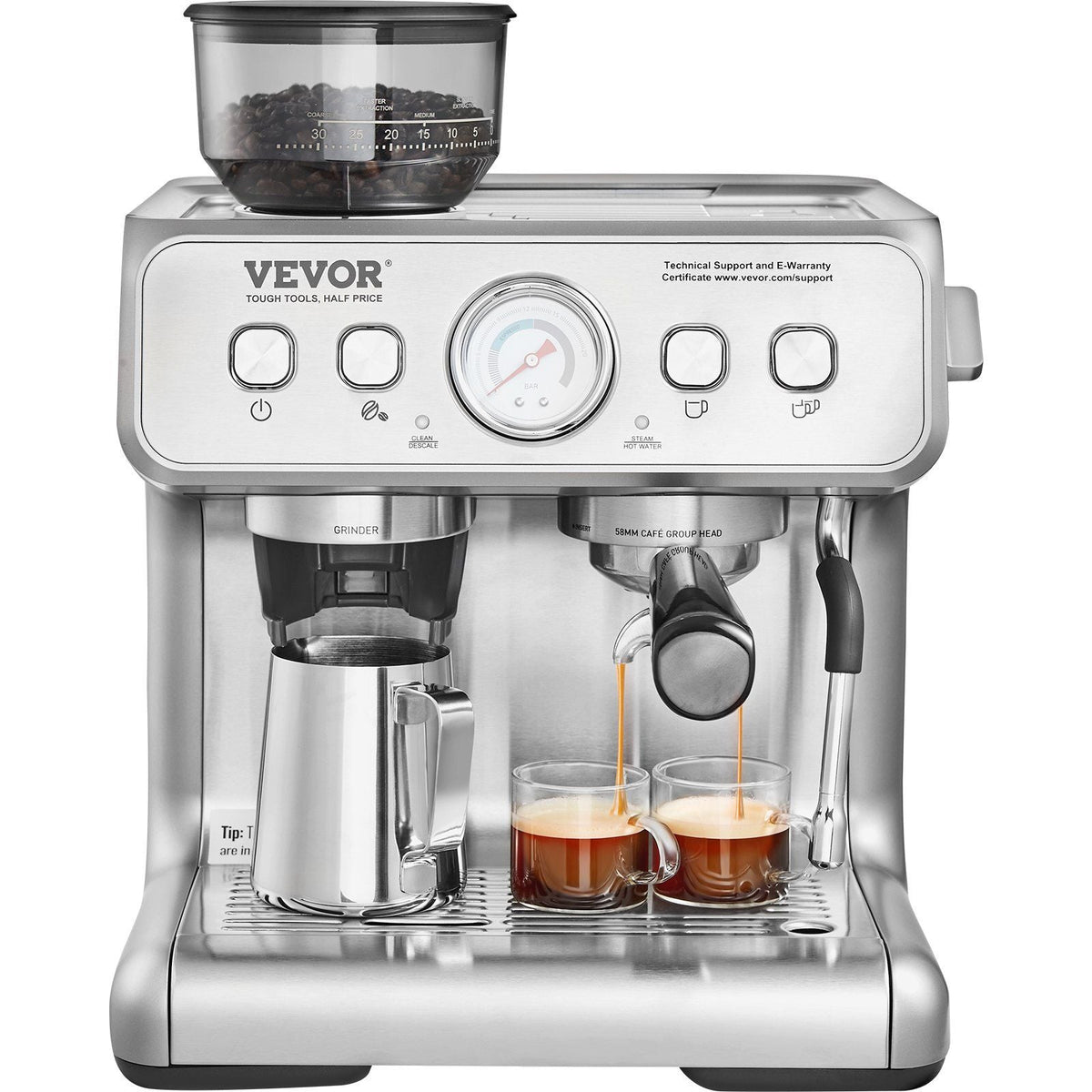 VEVOR Semi-Automatic Espresso Machine — Built-In Grinder, 15 Bar, PID Control