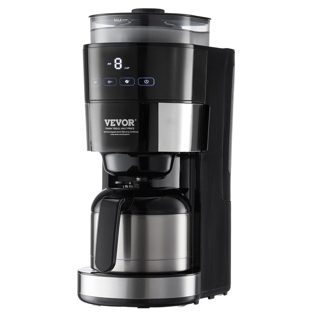 8-Cup Drip Coffee Maker — Built-In Grinder, 3 Brew Strengths