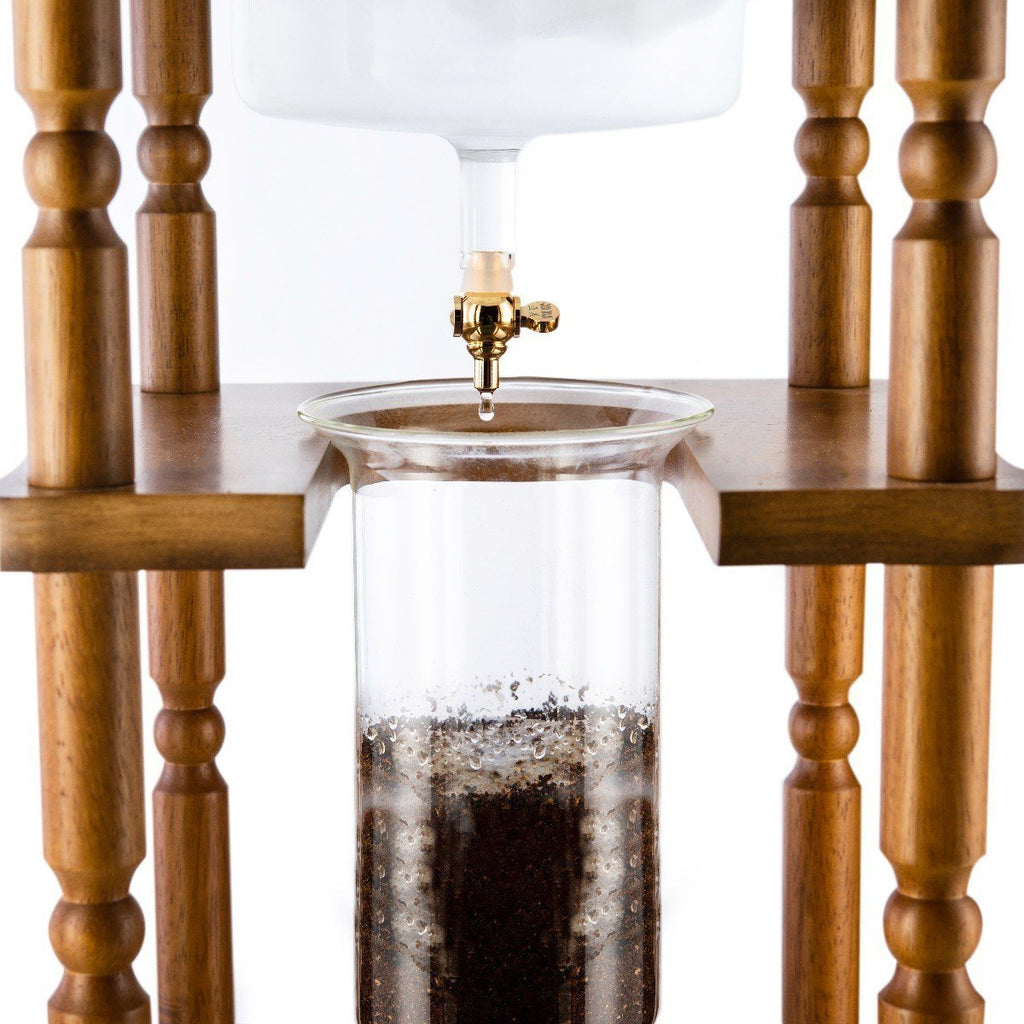 Yama Glass Cold Brew Tower – Curved Brown Wood Frame – 25 Cup / 100 oz