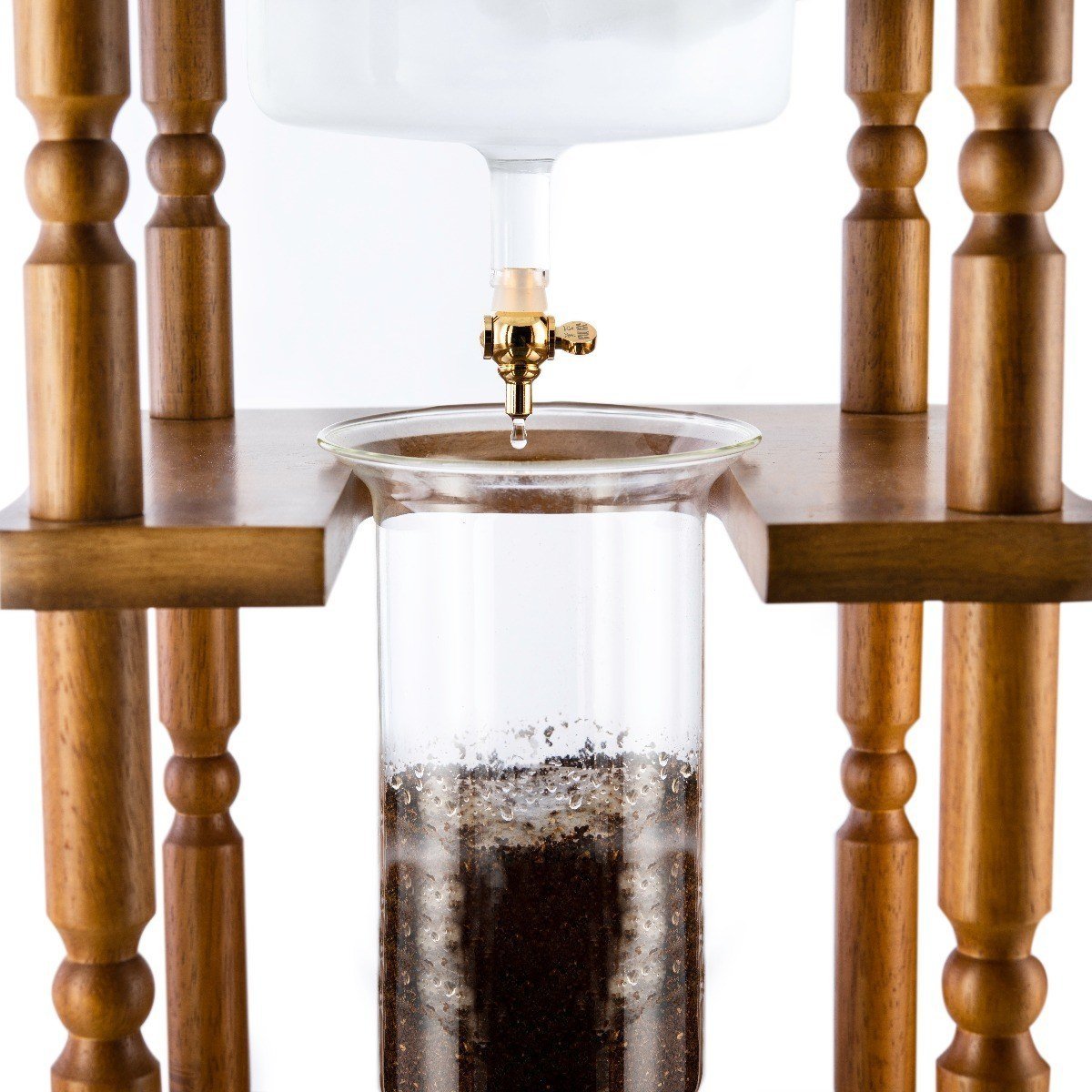 Yama Glass Cold Brew Tower – Curved Brown Wood Frame – 25 Cup / 100 oz