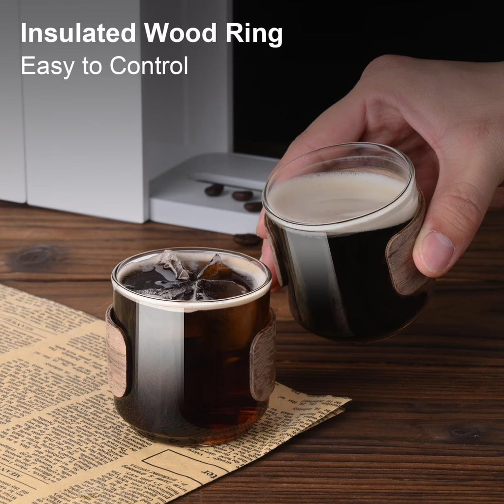 Espresso Cups Set of 2 with Wooden Ring, 5oz Borosilicate Glass - Shop Coffee Hobby