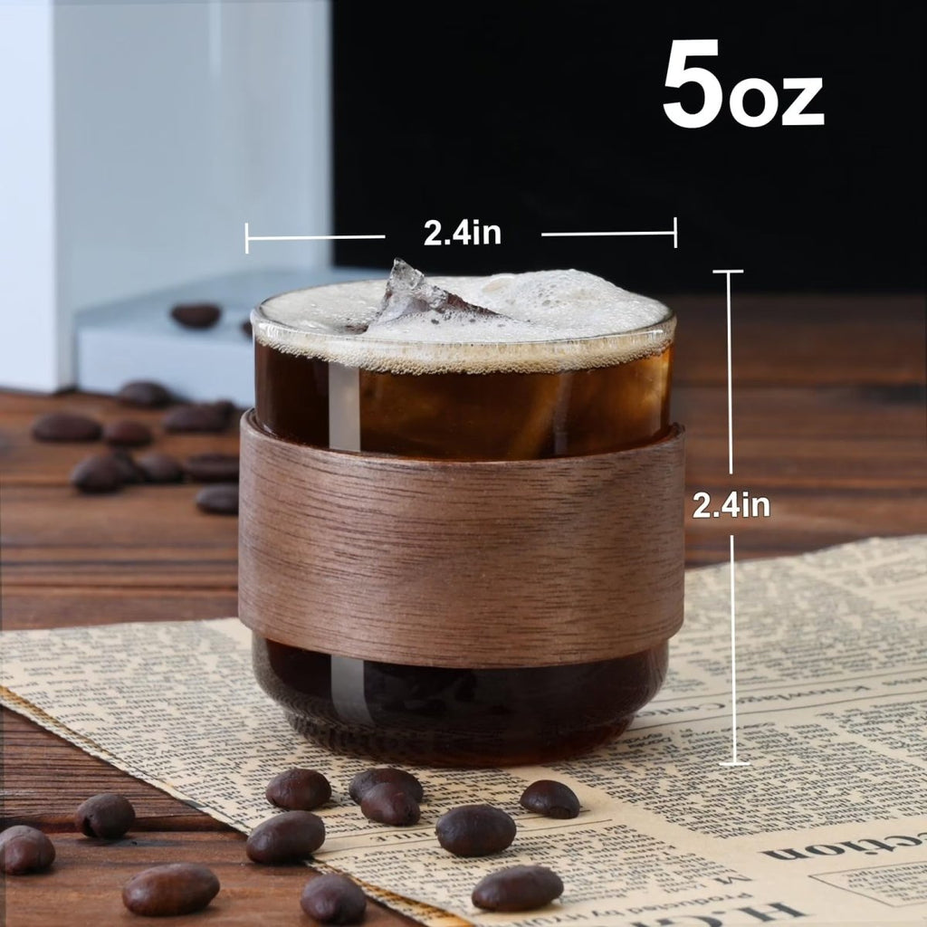 Espresso Cups Set of 2 with Wooden Ring, 5oz Borosilicate Glass - Shop Coffee Hobby