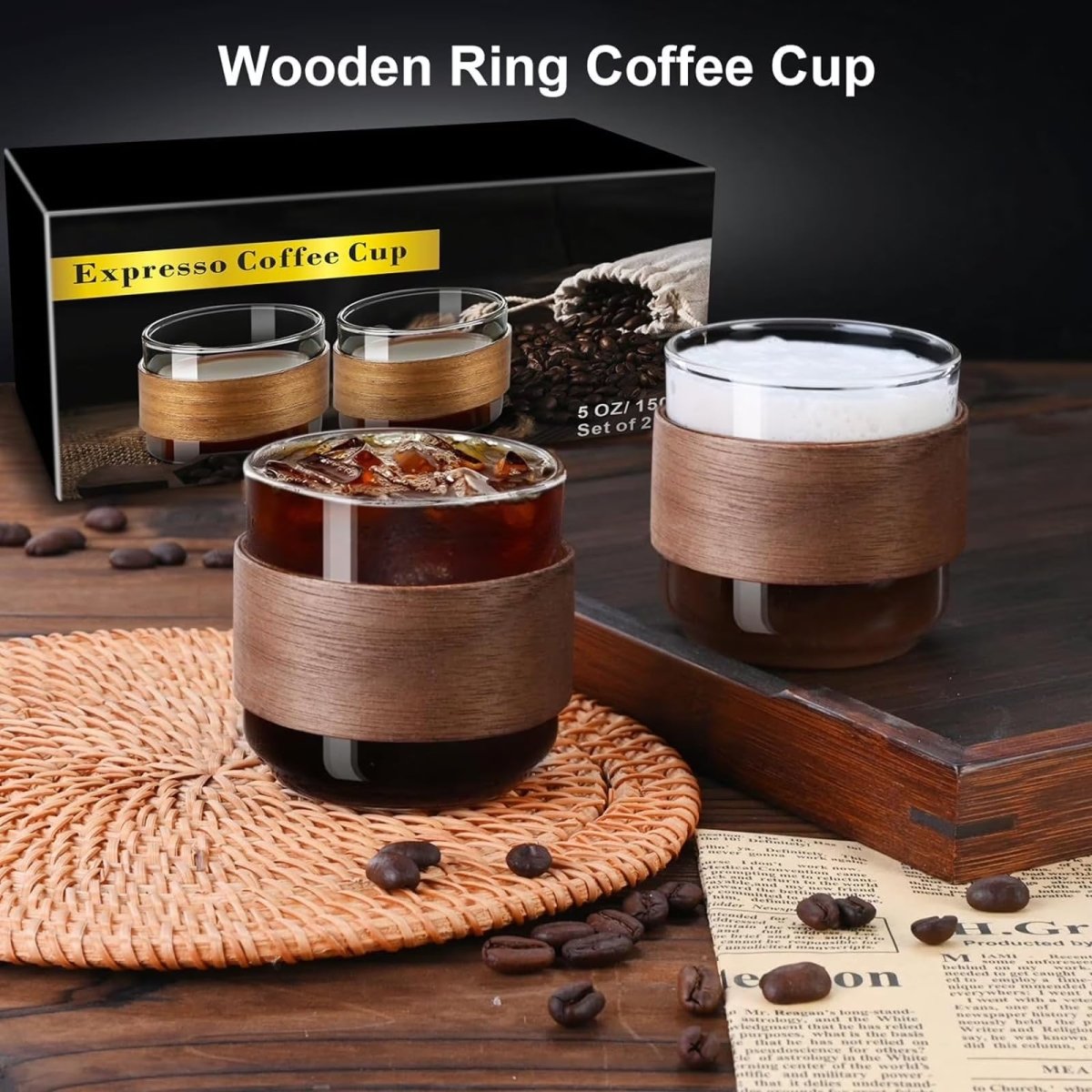 Espresso Cups Set of 2 with Wooden Ring, 5oz Borosilicate Glass - Shop Coffee Hobby