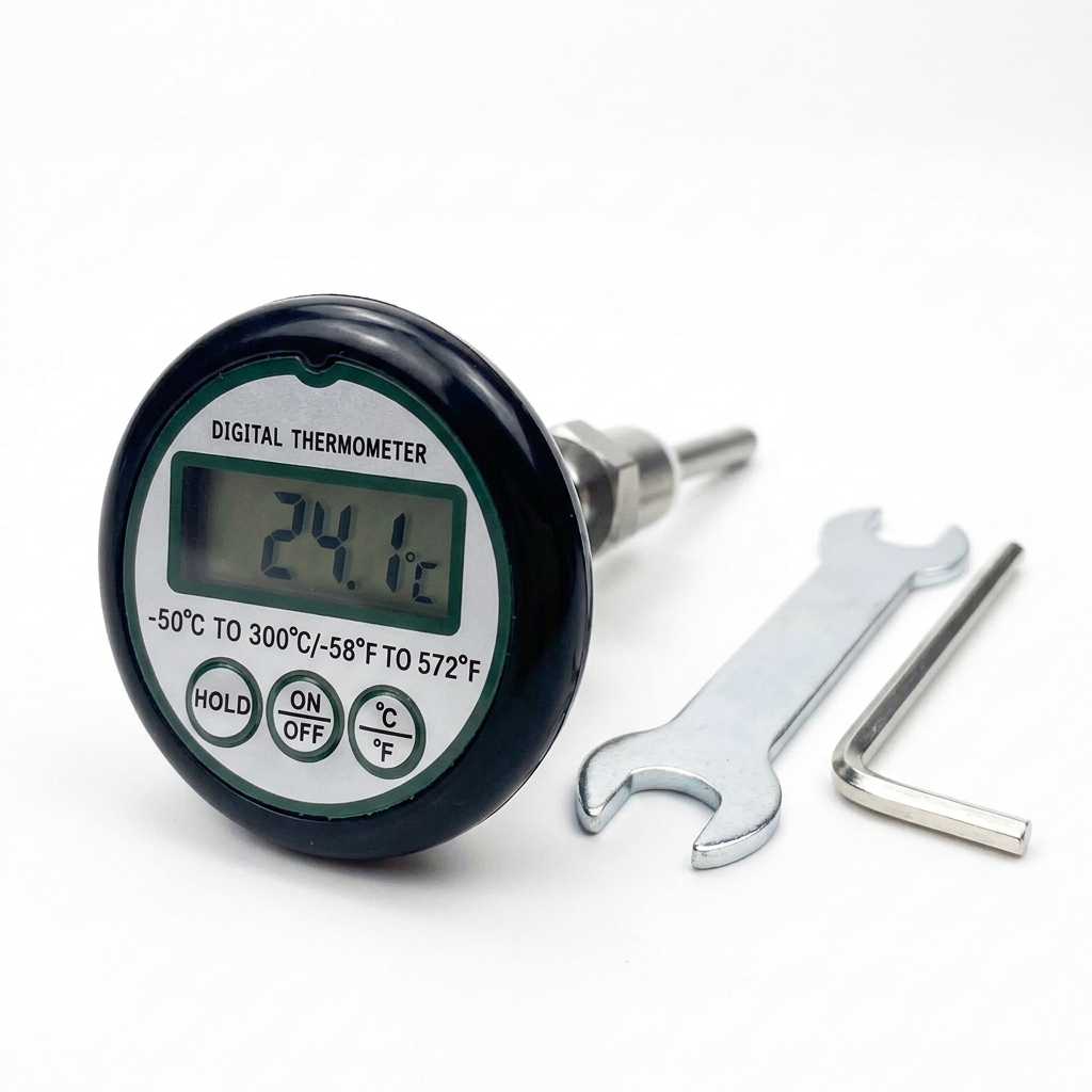 Espresso thermometer on a bright white studio background