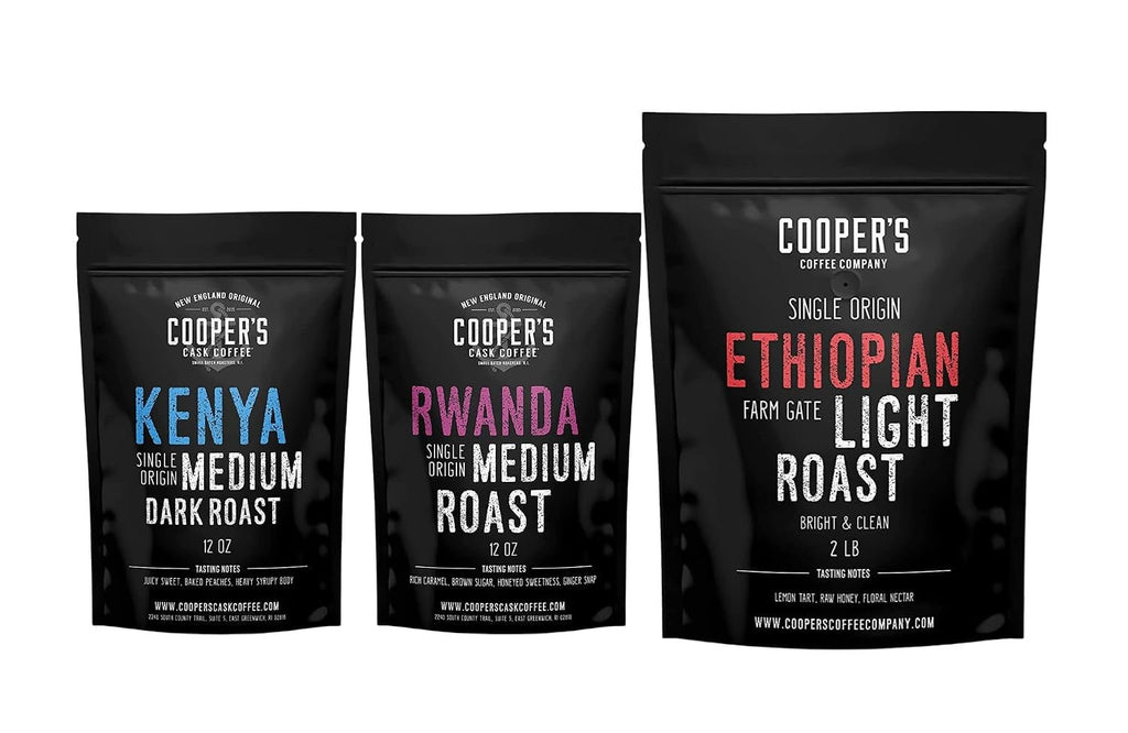 Premium African Coffee Bundle - Bold Light Roast Ethiopia, Full Bodied Rwanda, Medium Dark Roast Kenya - 2Lb + 2 X 12Oz