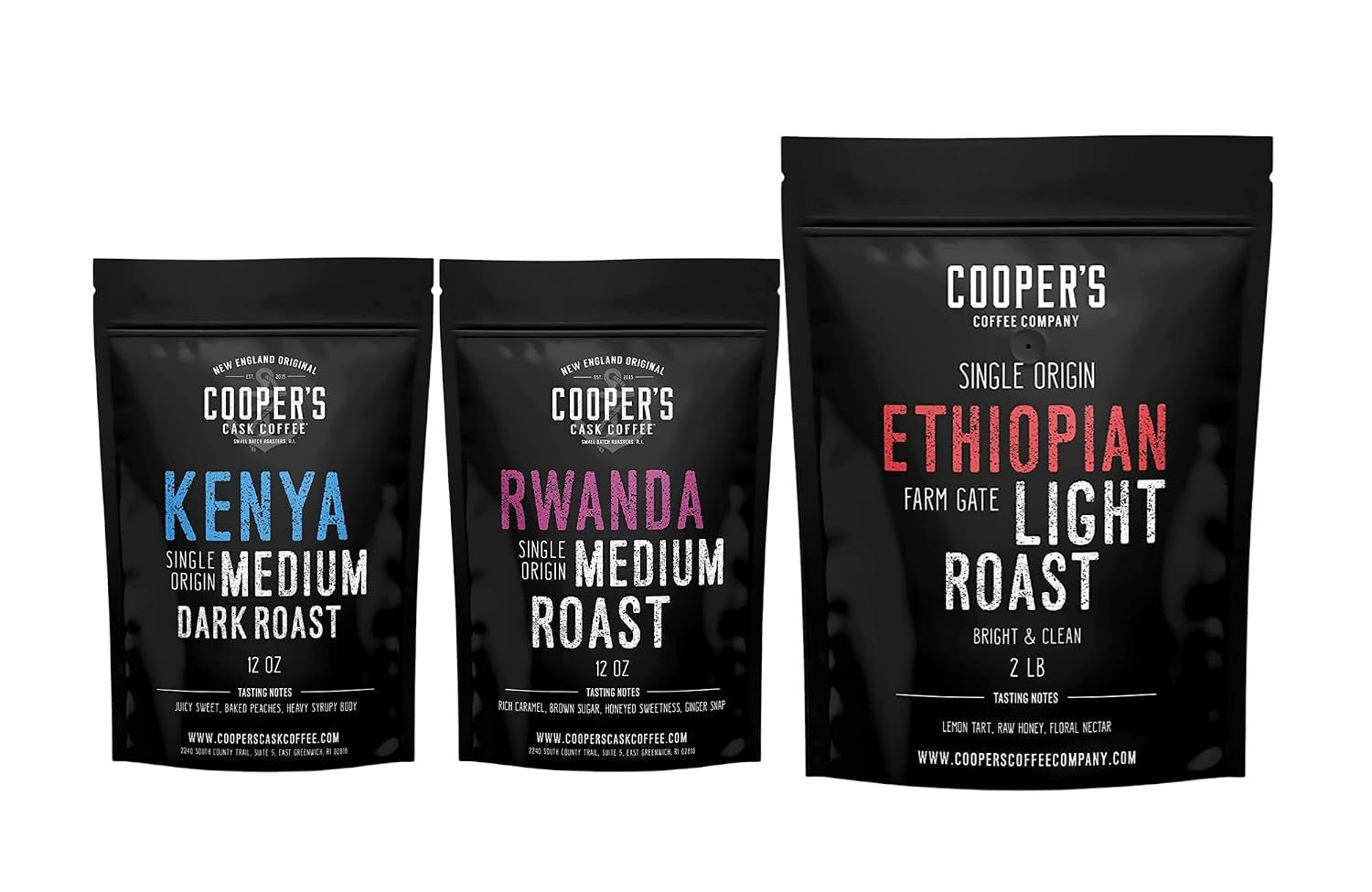 Premium African Coffee Bundle - Bold Light Roast Ethiopia, Full Bodied Rwanda, Medium Dark Roast Kenya - 2Lb + 2 X 12Oz