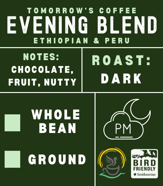 Organic Half-Caff Evening Blend in a resealable bag for espresso machines.