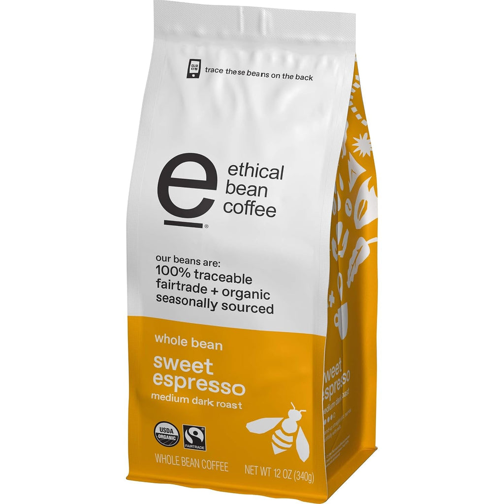 Fairtrade Organic Coffee, Whole Bean Espresso Coffee (12 Oz Bag), Sweet Espresso Medium Dark Roast, 0.75 Lb - Haynesworld General Goods