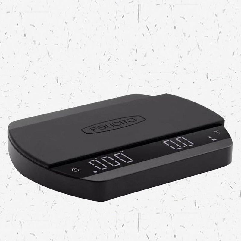 Felicita Arc Espresso Scale in Bluetooth version with 0.1g/2kg precision, USB-C rechargeable, water-resistant.