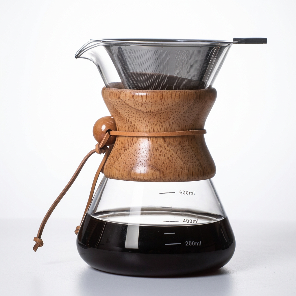Glass coffee server centered upright on a bright white background with warm studio lighting and a subtle shadow