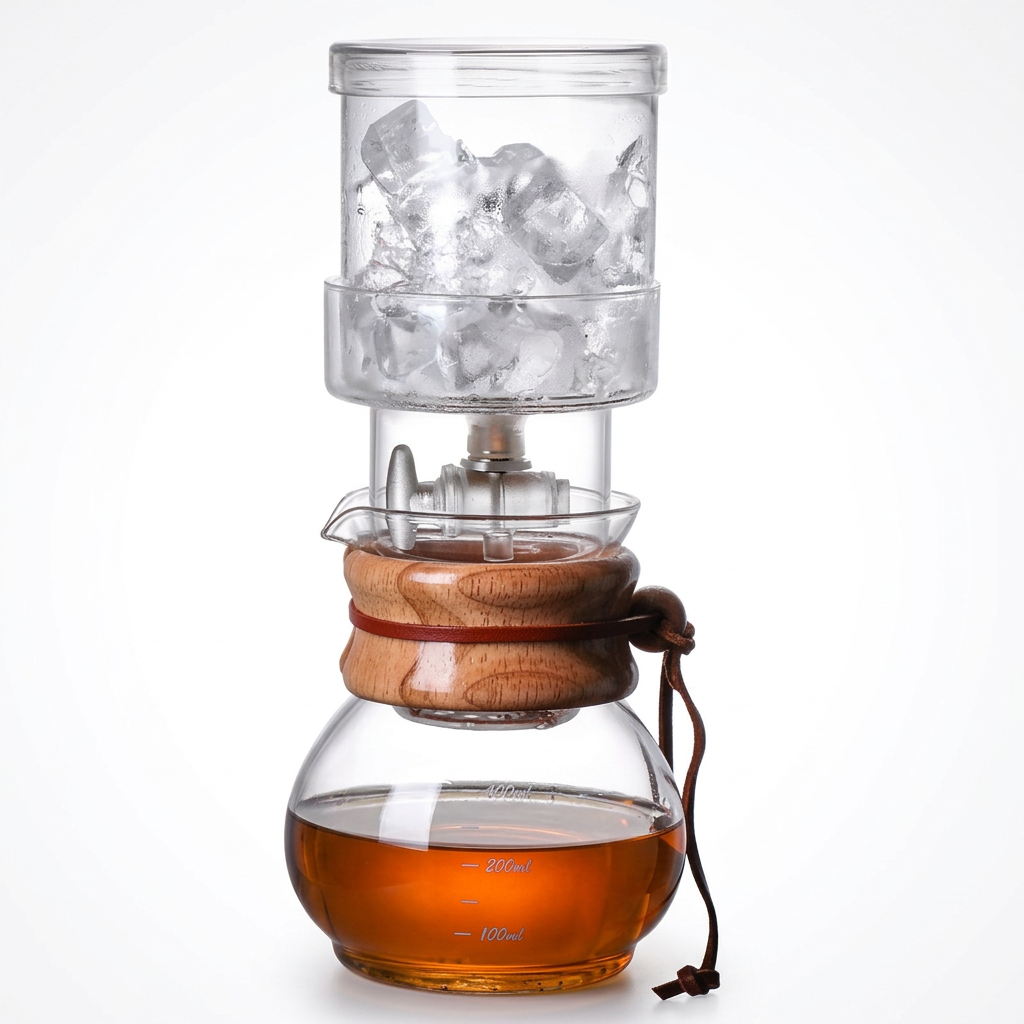 Glass cold-drip coffee maker centered upright on a clean white background with warm studio lighting and a subtle shadow