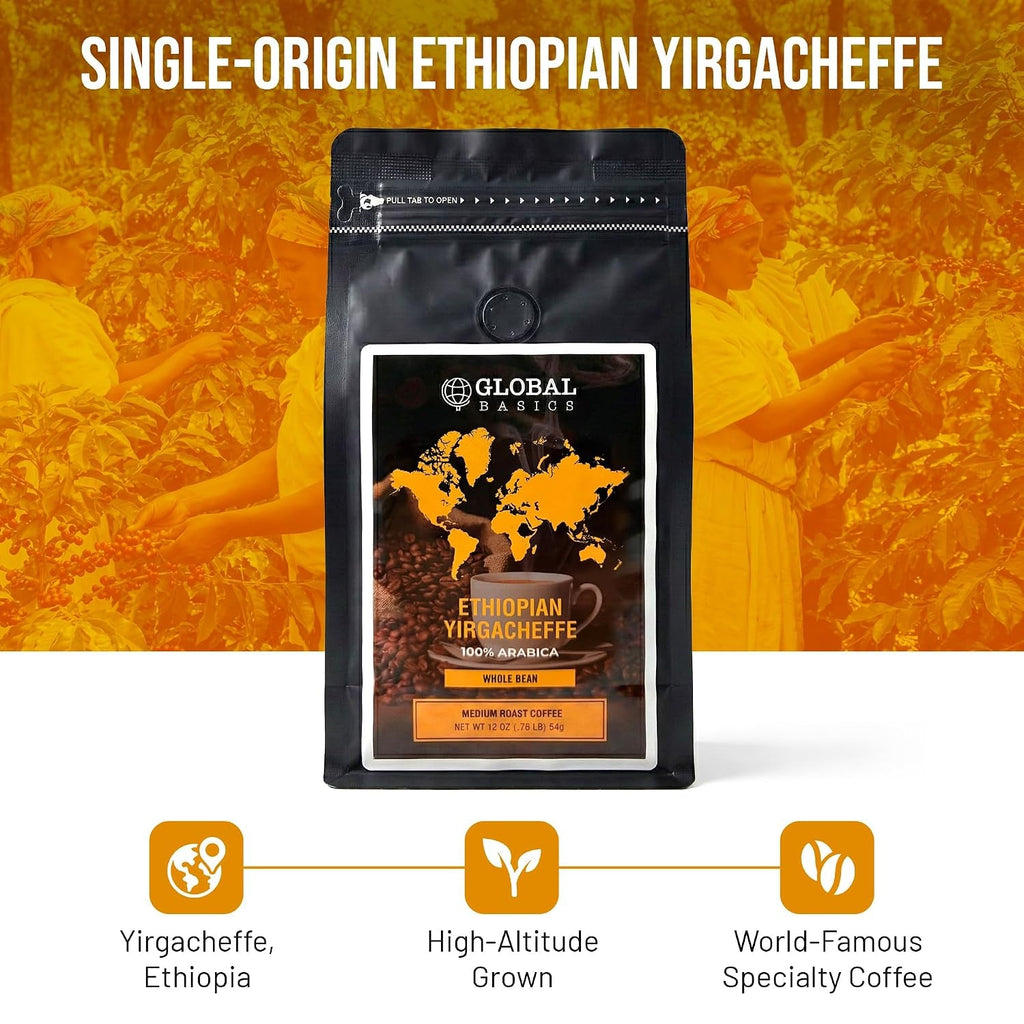 Global Basics - Ethiopian Yirgacheffe Whole Bean 12 Ounce Coffee - Medium Roast - Haynesworld General Goods