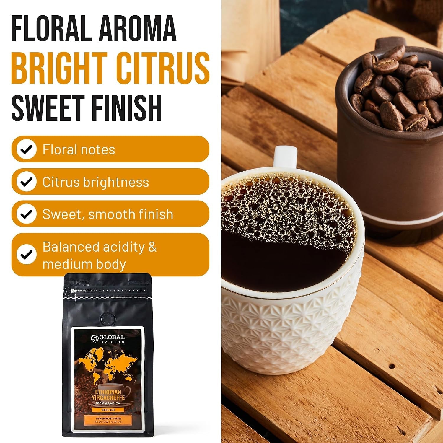 Global Basics - Ethiopian Yirgacheffe Whole Bean 12 Ounce Coffee - Medium Roast - Haynesworld General Goods