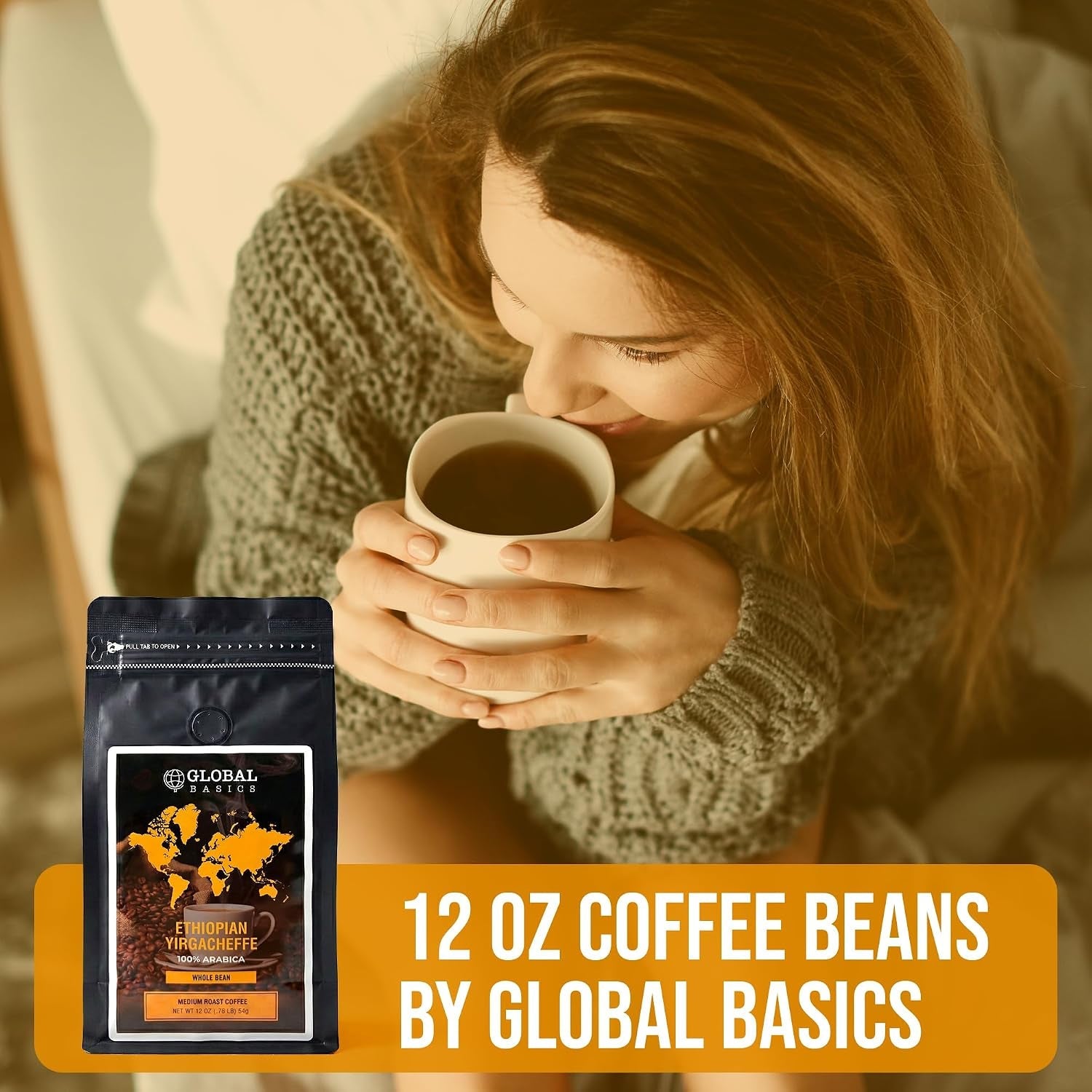 Global Basics - Ethiopian Yirgacheffe Whole Bean 12 Ounce Coffee - Medium Roast - Haynesworld General Goods