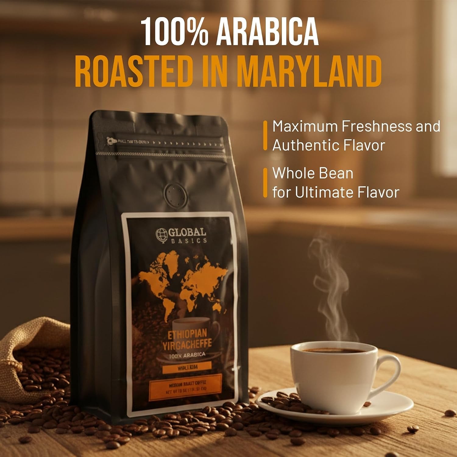 Global Basics - Ethiopian Yirgacheffe Whole Bean 12 Ounce Coffee - Medium Roast - Haynesworld General Goods