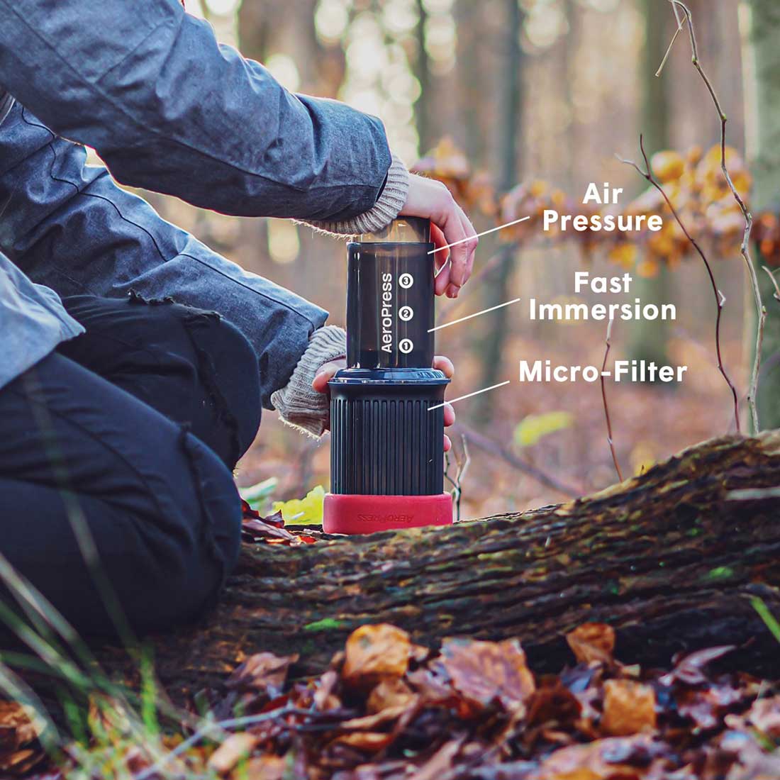 AeroPress Go Travel Coffee Maker in black with mug and lid included.