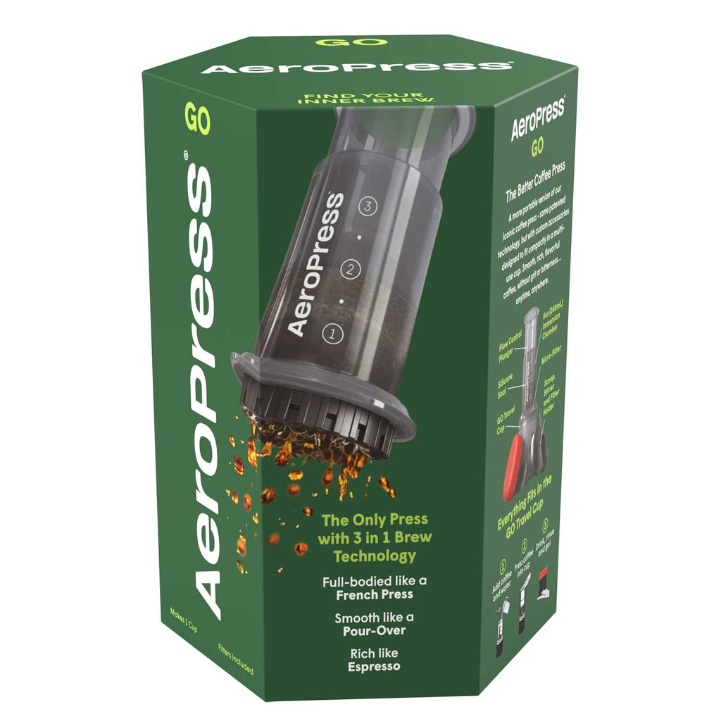 Espresso Parts AeroPress Go Travel Coffee Maker with Mug and Lid in black.