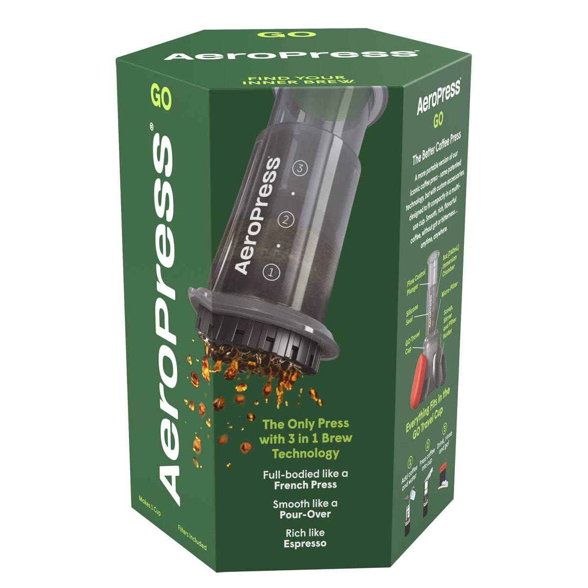 Espresso Parts AeroPress Go Travel Coffee Maker with Mug and Lid in black.