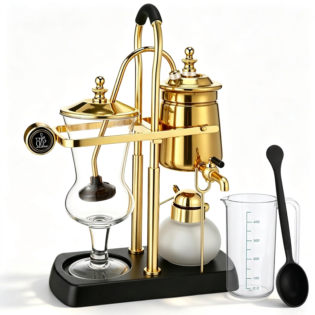 Gold balance siphon coffee maker in a wider composition on a bright white background with soft warm studio lighting and subtle shadows