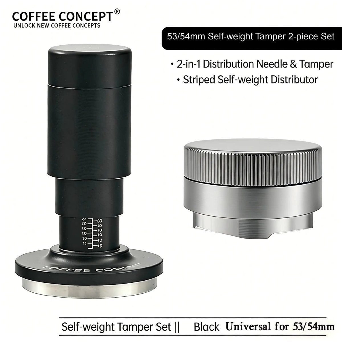 Gravity Espresso Distributor – Vertical Striped Stainless Steel Self‑Leveling Tool (51mm / 53–54mm / 58mm) - Shop Coffee Hobby