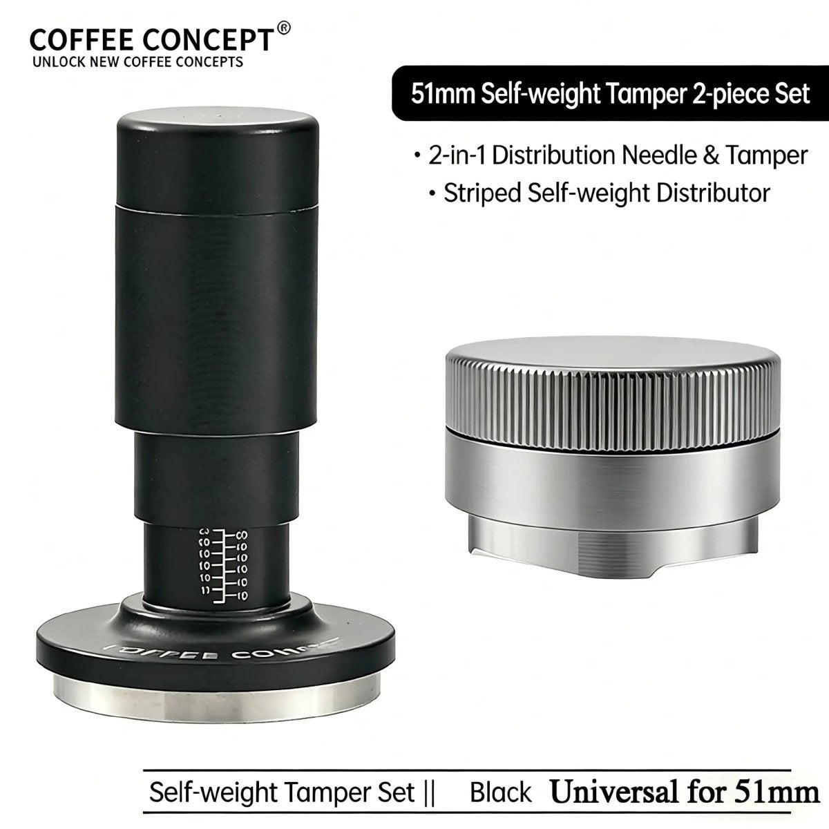 Gravity Espresso Distributor – Vertical Striped Stainless Steel Self‑Leveling Tool (51mm / 53–54mm / 58mm) - Shop Coffee Hobby