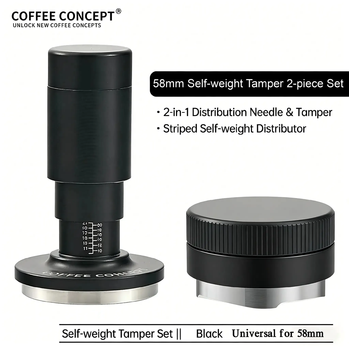Self-weight gravity powder combination set - Black 58mm for espresso distribution