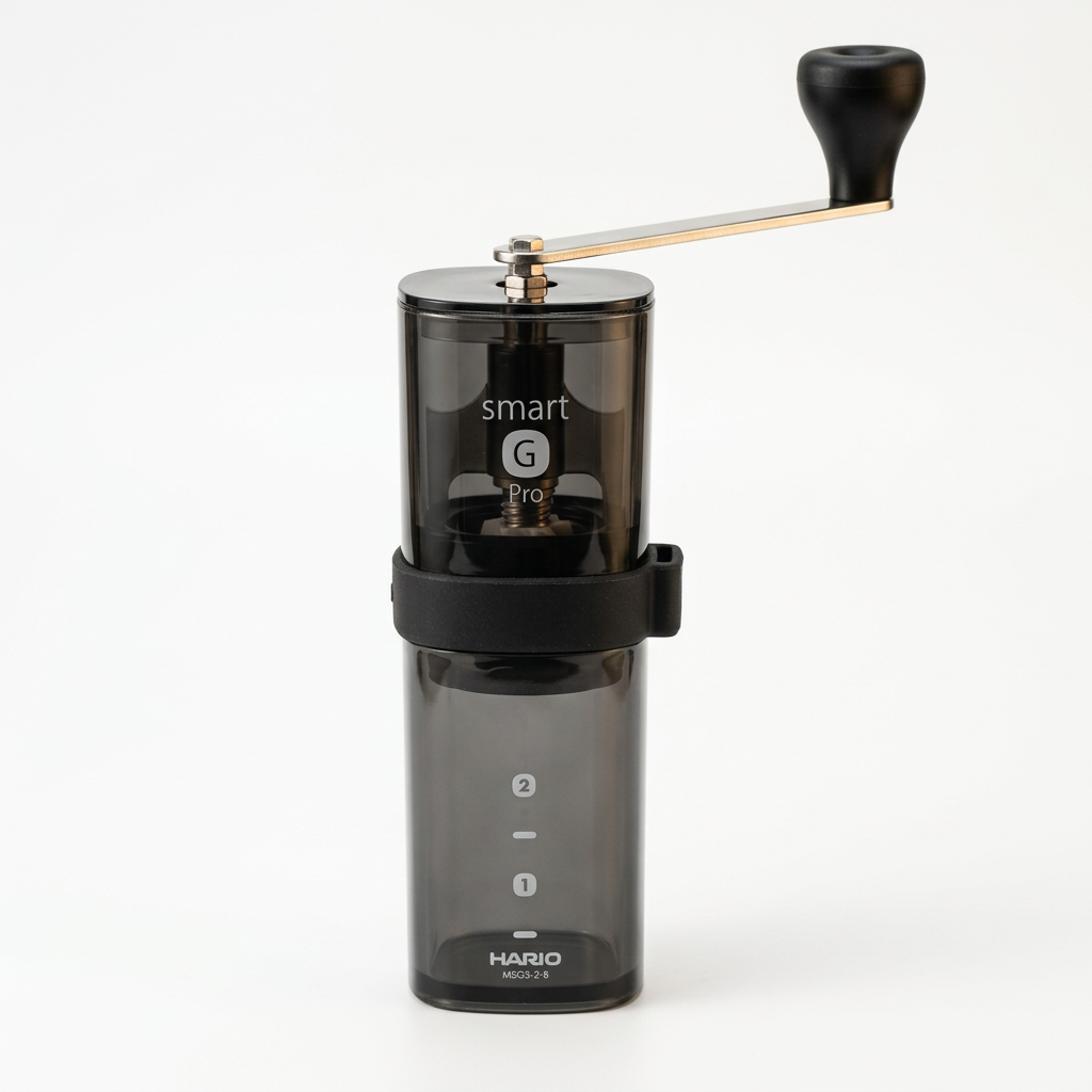 Hario Smart G PRO centered upright on a clean white background with soft warm lighting and a subtle shadow