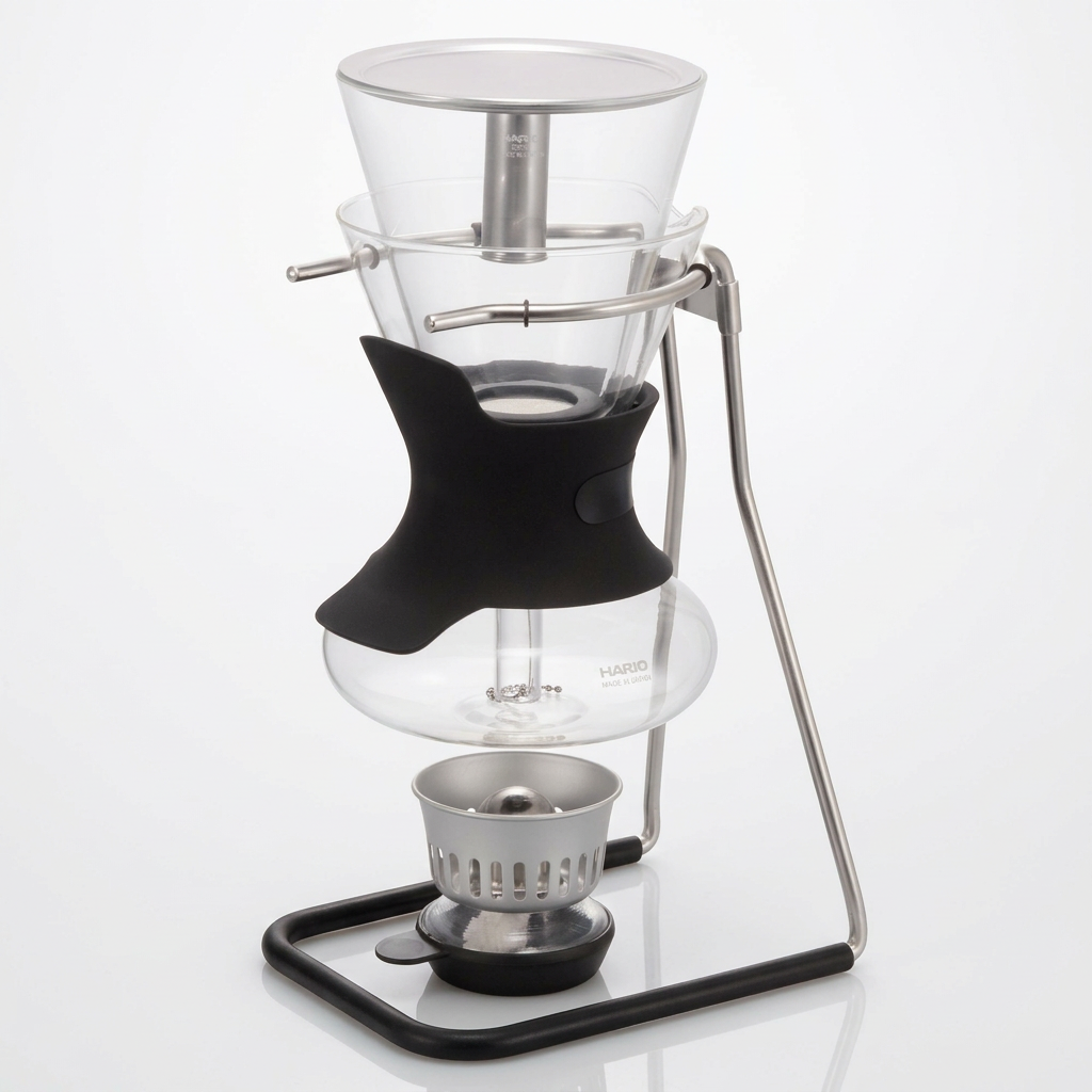 Hario Sommelier coffee syphon centered upright on bright white with soft warm studio lighting and a subtle shadow