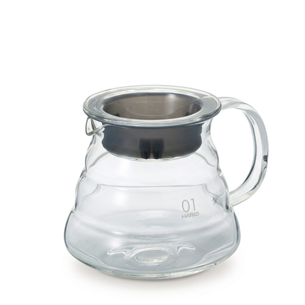 Hario V60 glass server on a white studio background