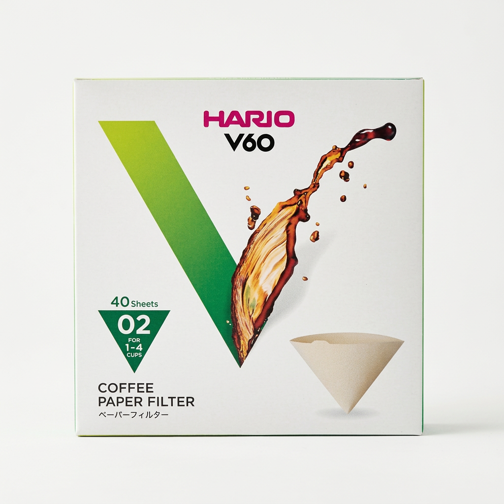 Hario V60 paper filter box on a clean white studio background