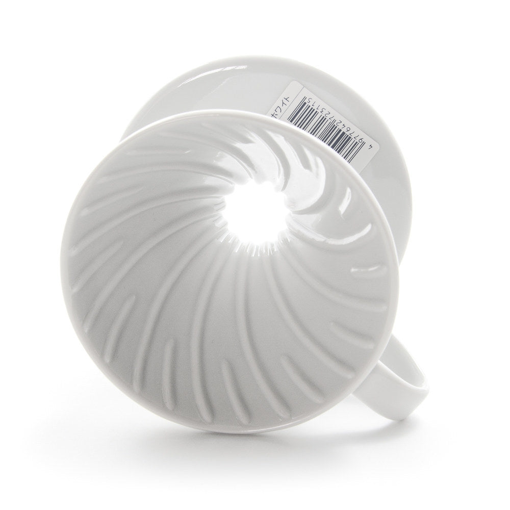 02 version, white ceramic Hario V60 dripper for pour-over coffee.