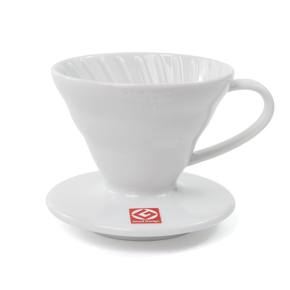 White Hario V60 01 Ceramic Pour-Over Dripper for precision brewing.