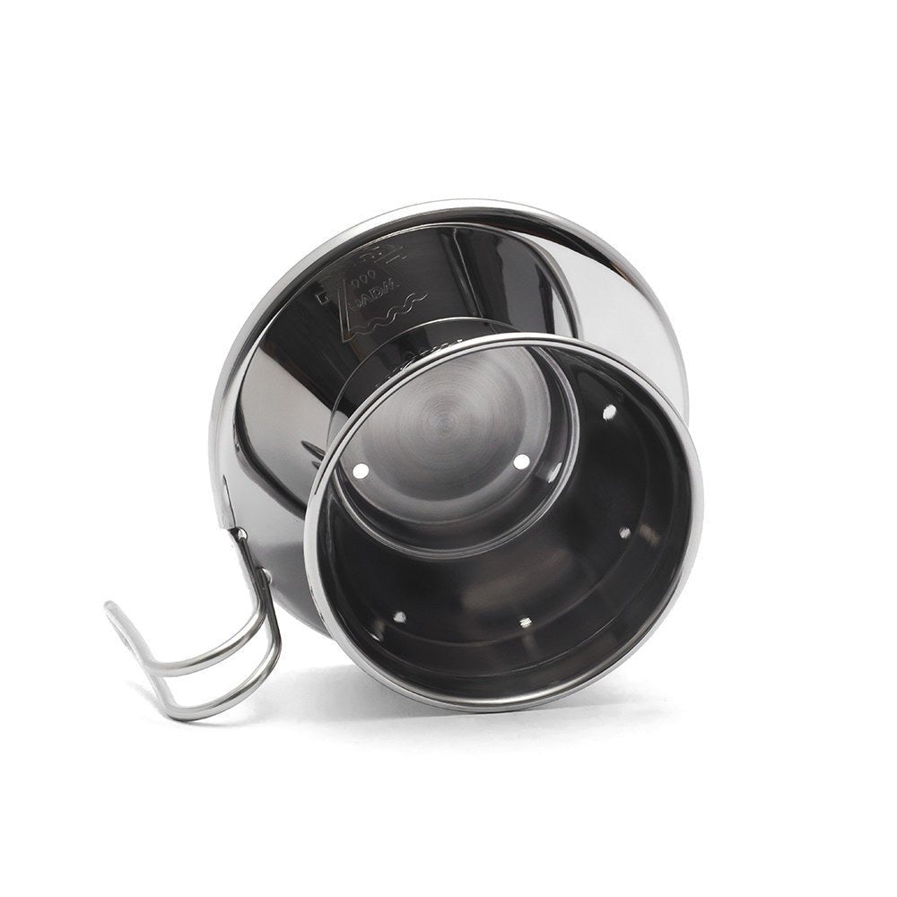 Stainless steel Kalita Wave Tsubame 155 pour-over dripper with ergonomic handle.